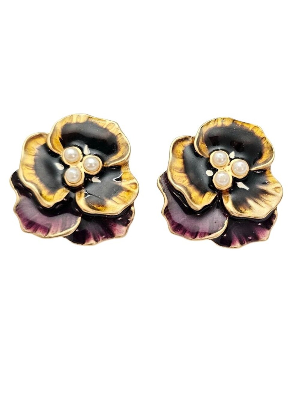 Signed MT Pansy Purple Black Enamel Faux Pearl Clip-On Earrings J795